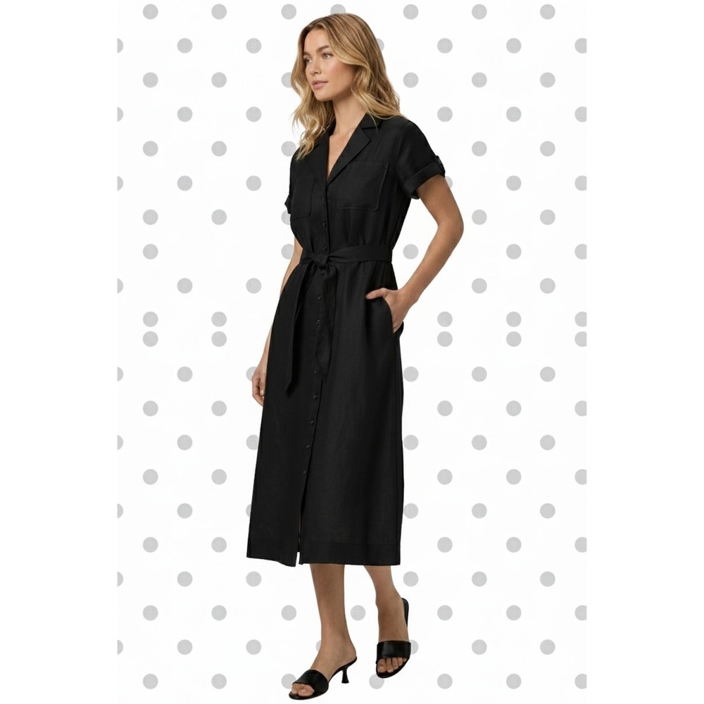 New $299 PAIGE Women's Lexina 100% Linen Midi Dress Black XS A-line Collared NWT
